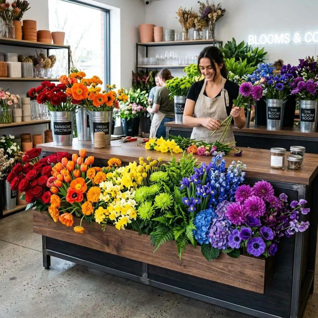 A full rainbow spectrum of fresh flowers showing the range of colors and blooms a florist works with