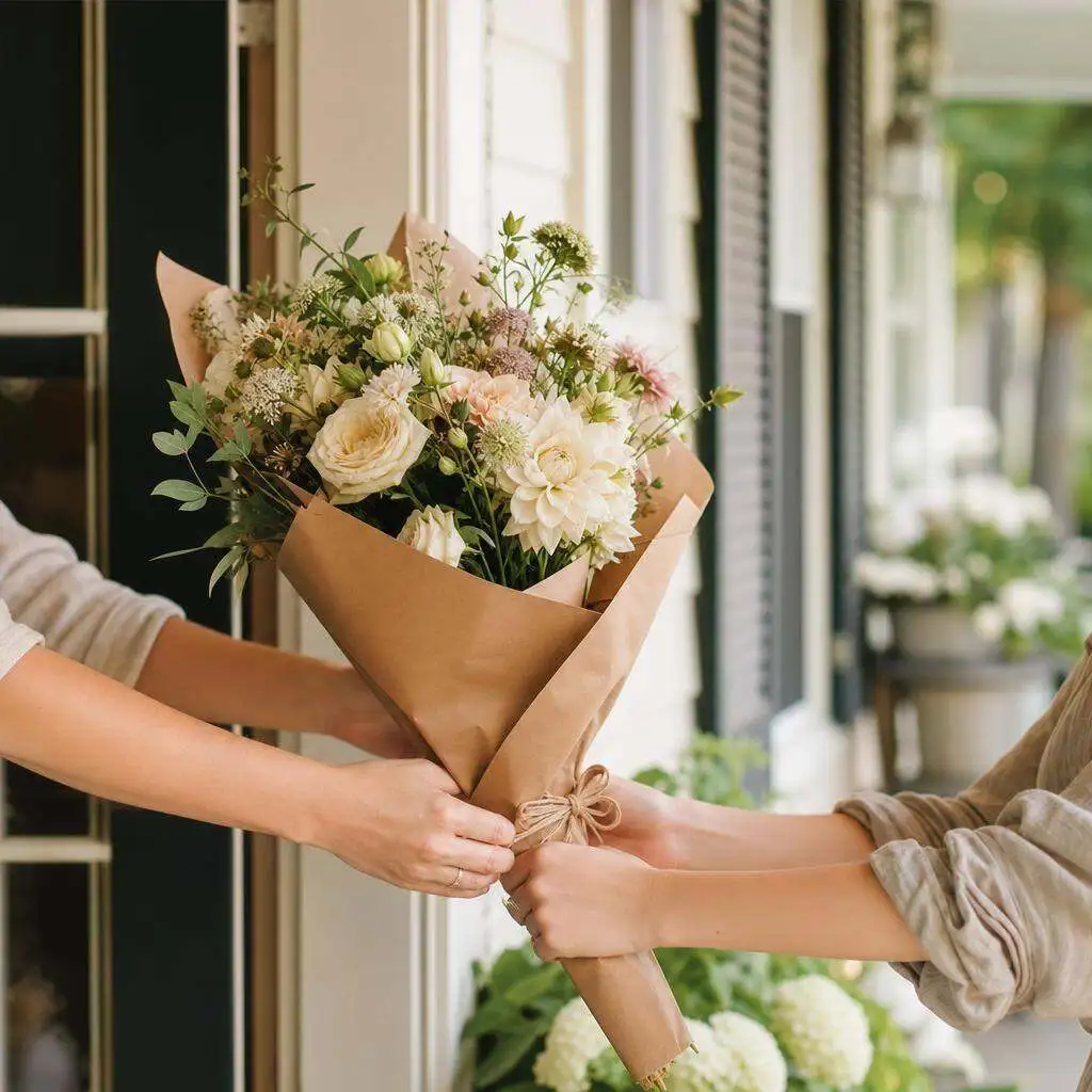 A florist's flower delivery arrangement left at a home's front doorstep