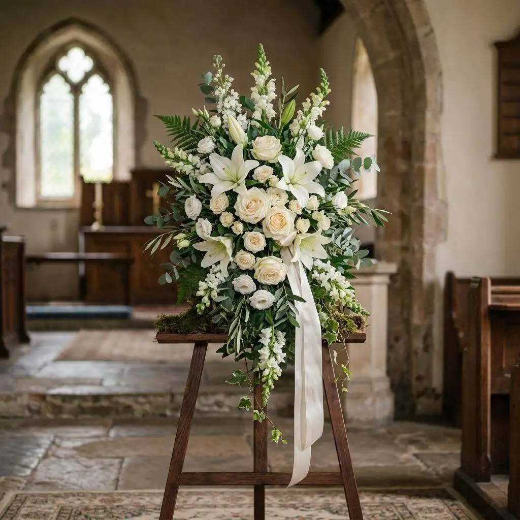 A dignified standing sympathy spray of white lilies and roses on a stand