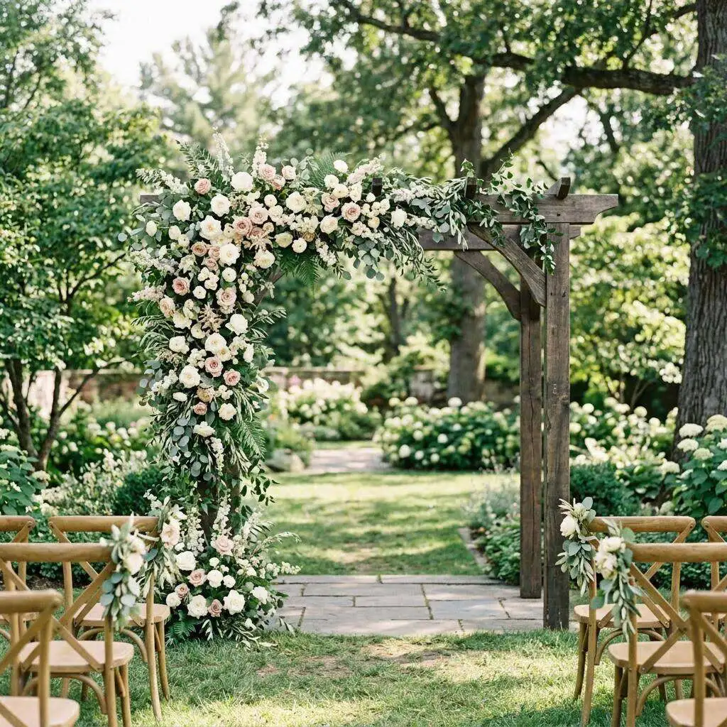 Wedding arbor generously dressed with white flowers and greenery