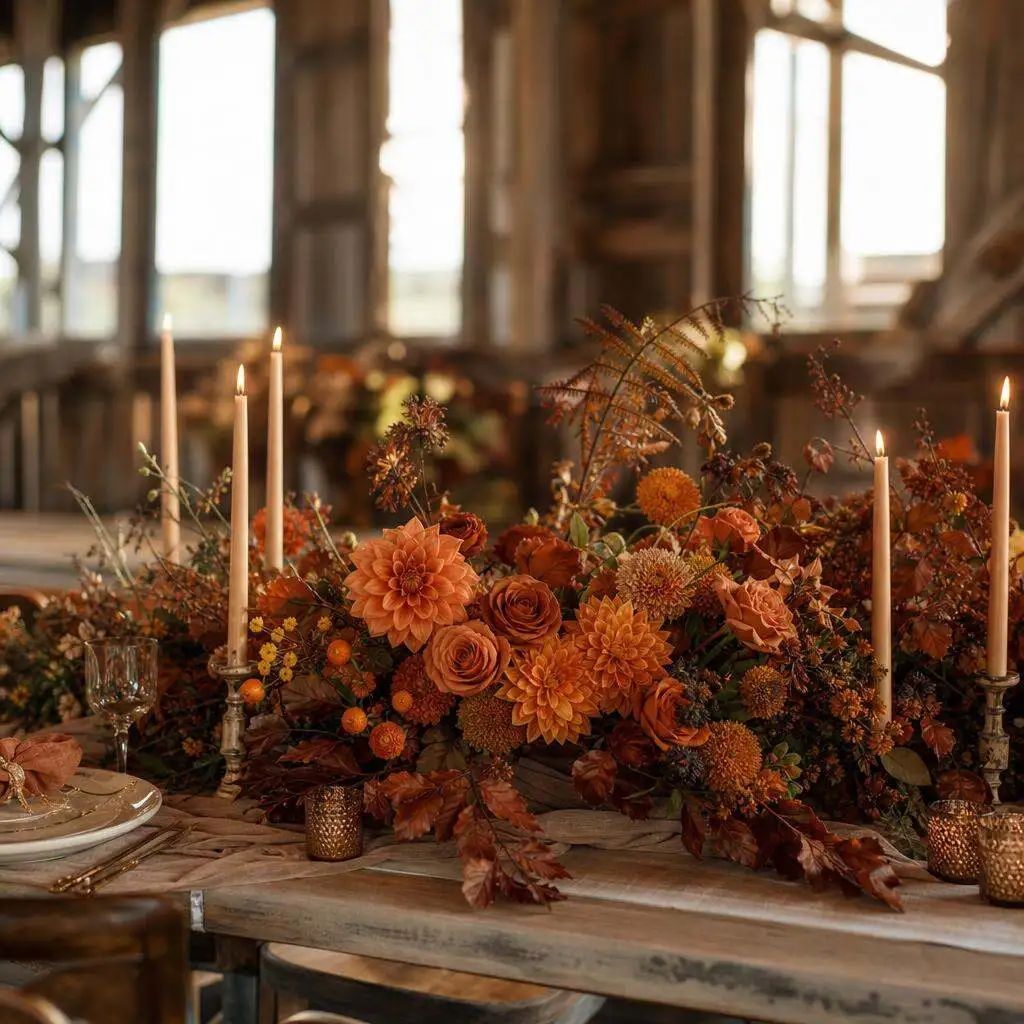 Autumn wedding centerpiece in burnt orange, terracotta, and amber with copper foliage and candlelight