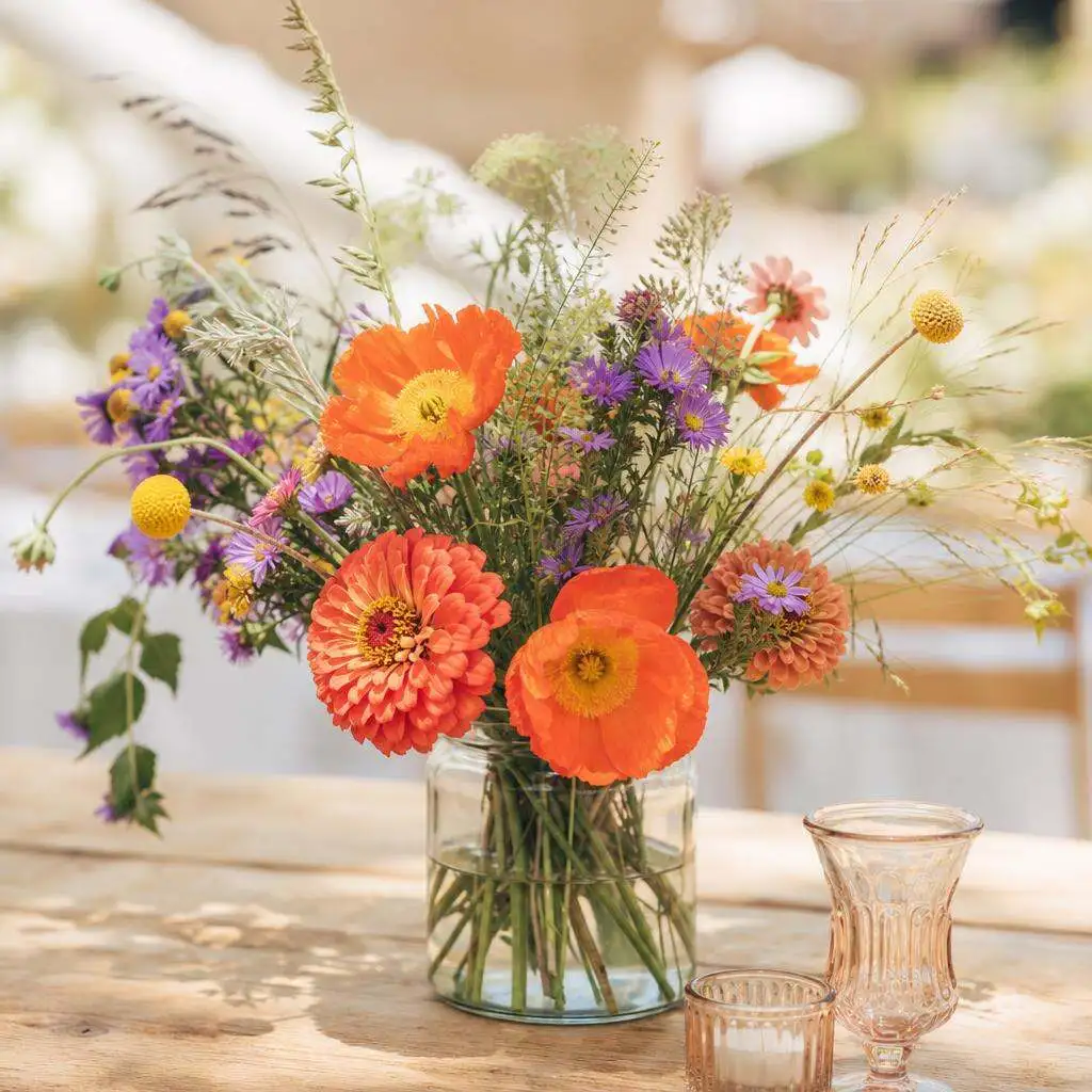 Bright wildflower arrangement with orange poppies, purple asters, and coral zinnias in a glass jar