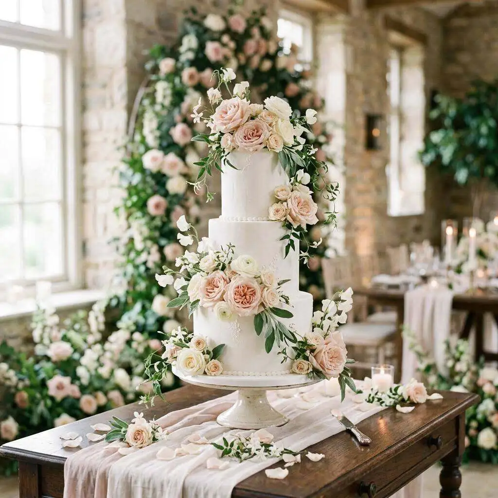 Wedding cake finished with fresh flowers arranged safely between the tiers