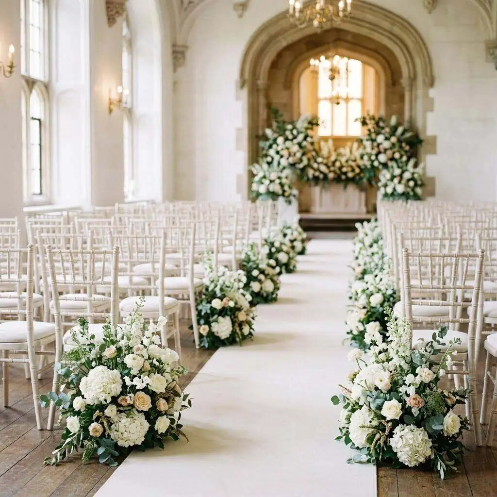 Wedding ceremony aisle lined with floral markers leading toward the altar