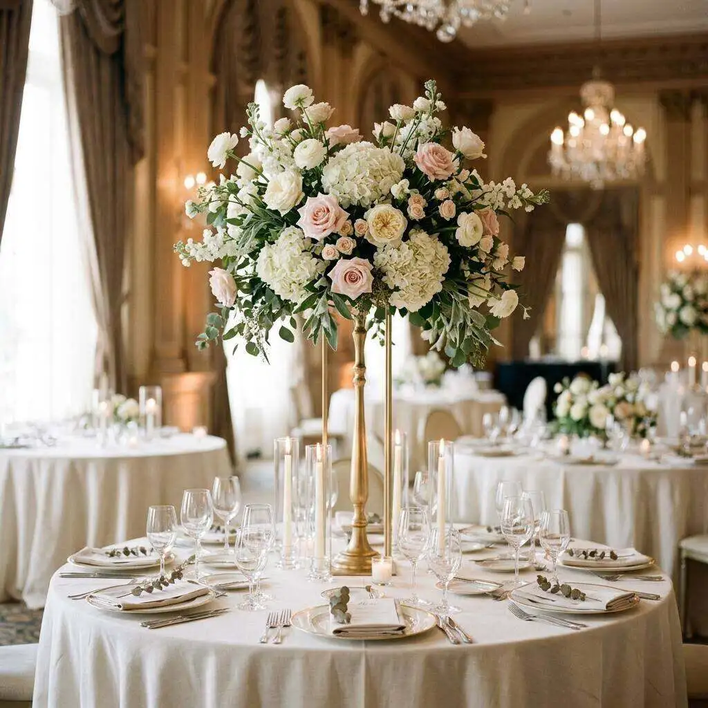 Classic ballroom reception with tall white floral centerpieces