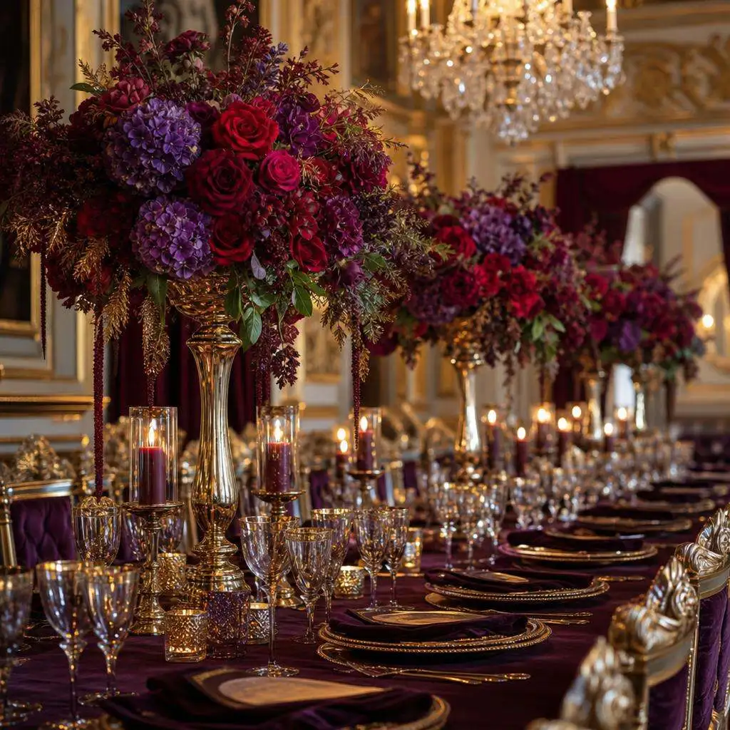 Opulent tablescape in deep plum, ruby, and gold with abundant florals and layered candlelight