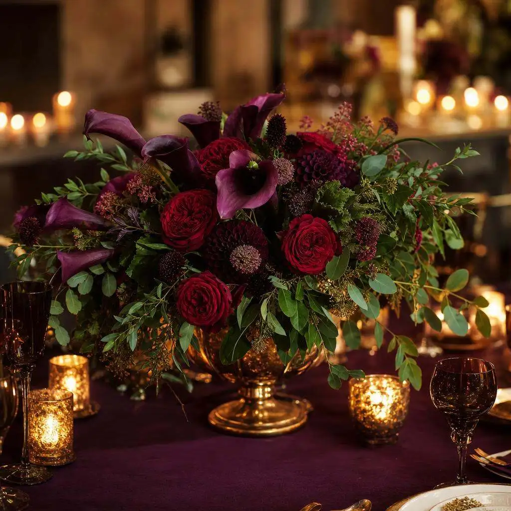 Jewel-tone wedding centerpiece with deep purple calla lilies, ruby roses, and plum dahlias in a gold compote