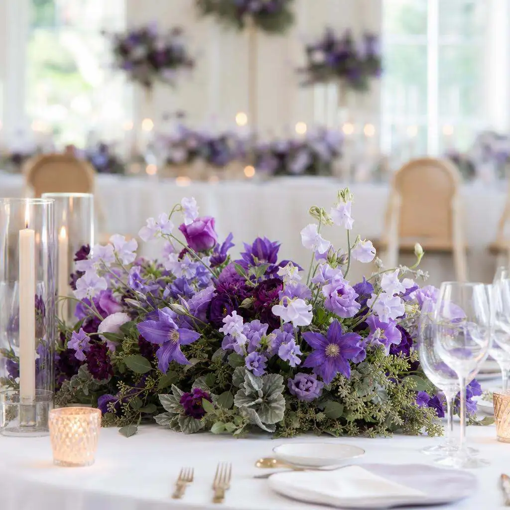 Low centerpiece in lavender, lilac, and plum with purple lisianthus on white linen