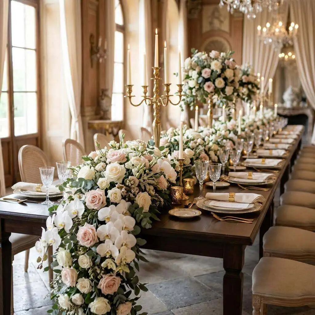 Luxurious reception tablescape with abundant white and blush florals