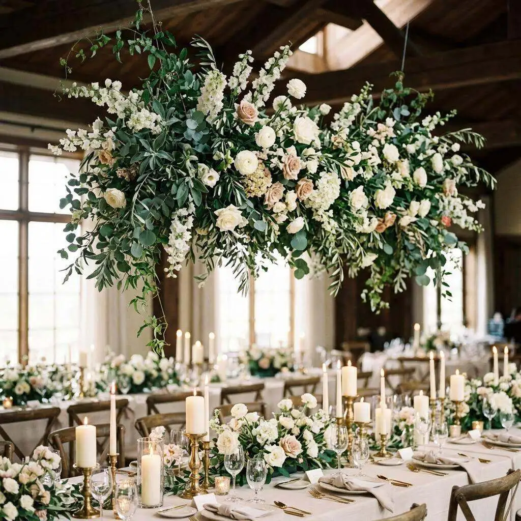 Dramatic floral installation above a reception dance floor
