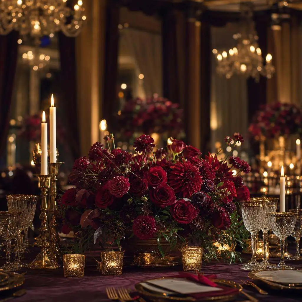 Evening reception table with crimson and burgundy rose centerpieces, gold candlesticks, and candlelight