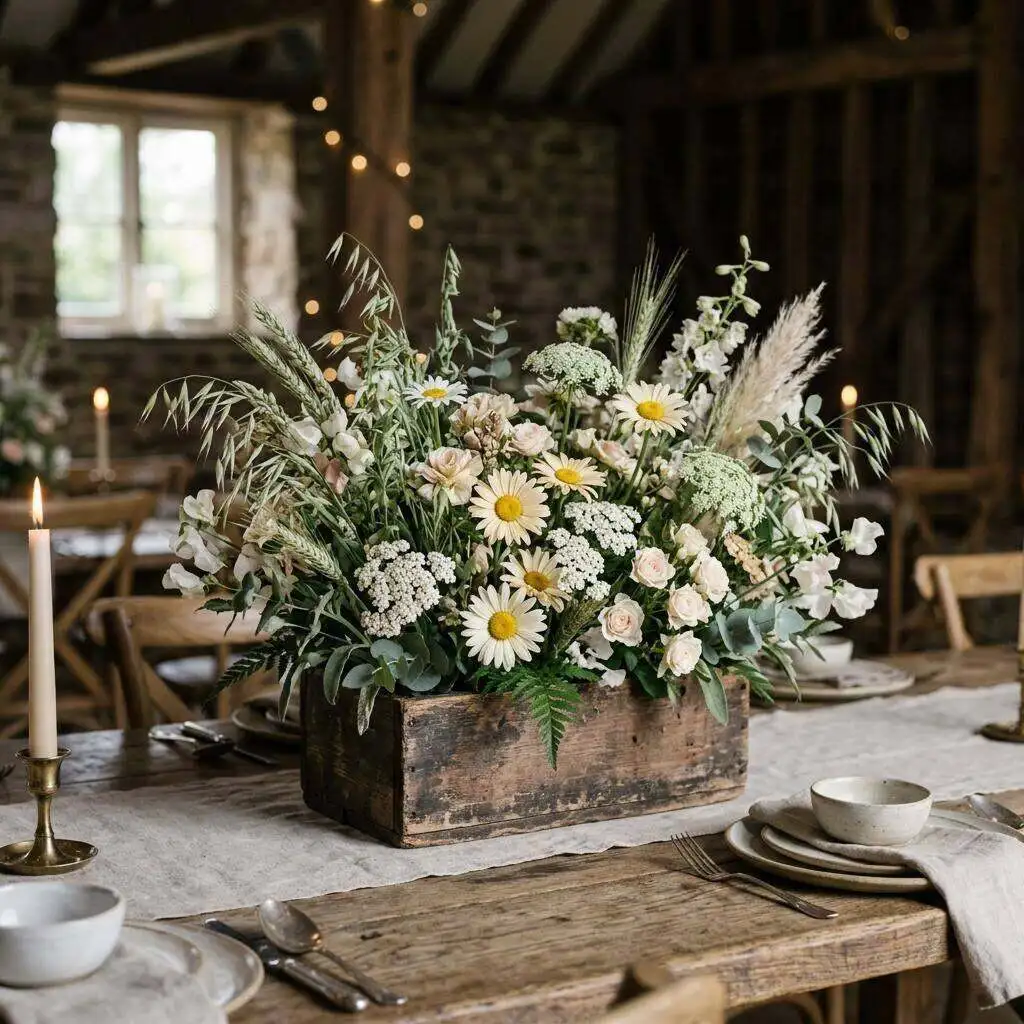 Rustic wildflower wedding arrangement with gathered garden character in cream and butter yellow