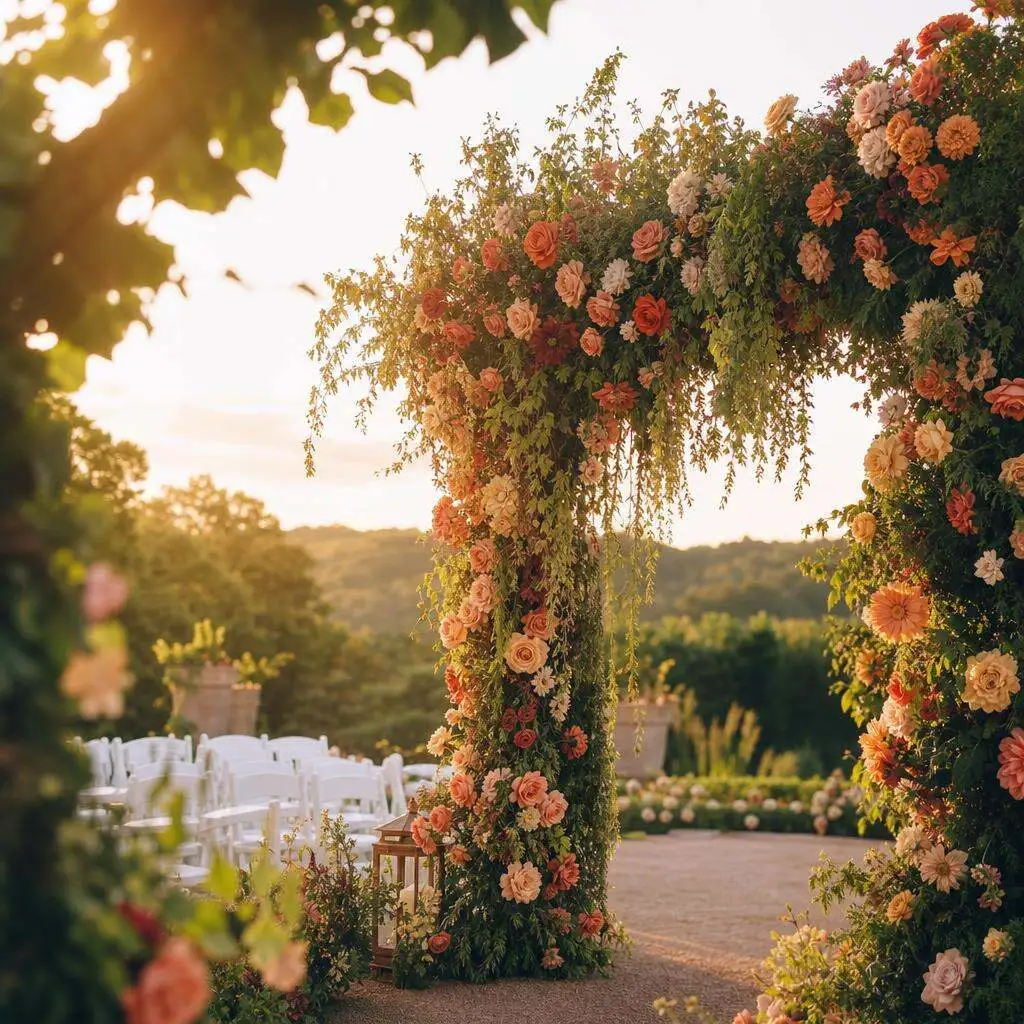 Outdoor wedding arch draped in peach, coral, and terracotta roses at golden hour