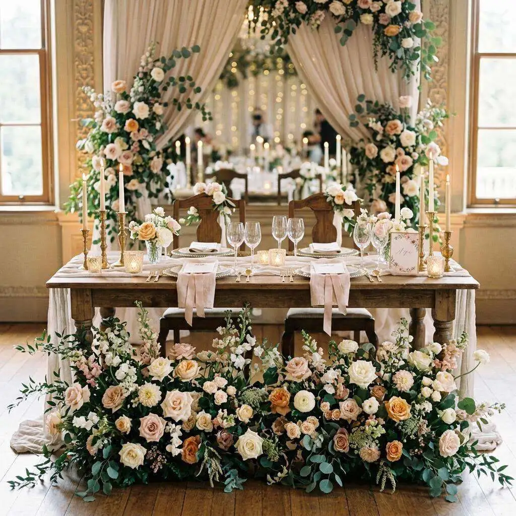 Sweetheart table for the couple styled with a lush floral runner and candlelight