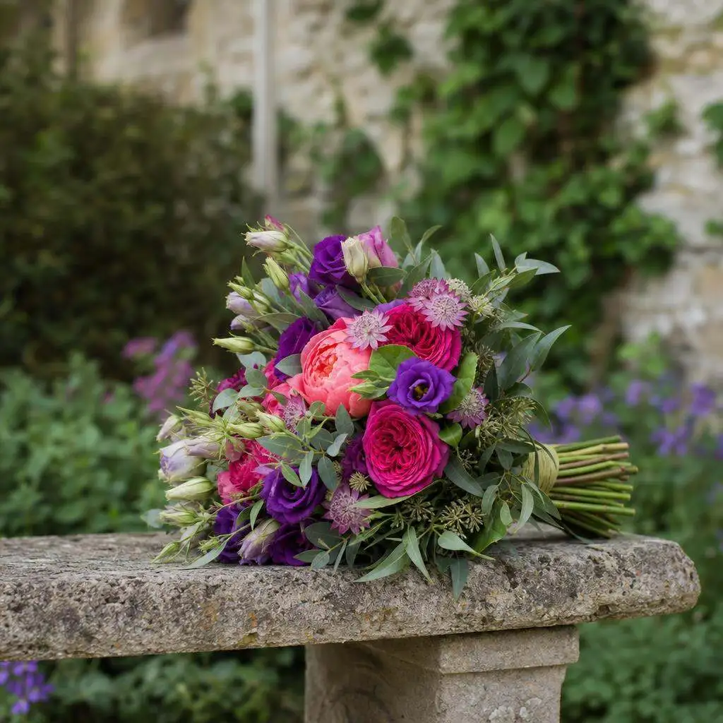 Vivid hand-tied bridal bouquet in plum, magenta, and coral with soft greenery on a stone garden bench