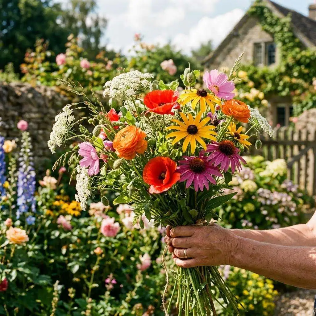 Abundant outdoor garden bouquet with red poppies, orange ranunculus, and purple coneflowers