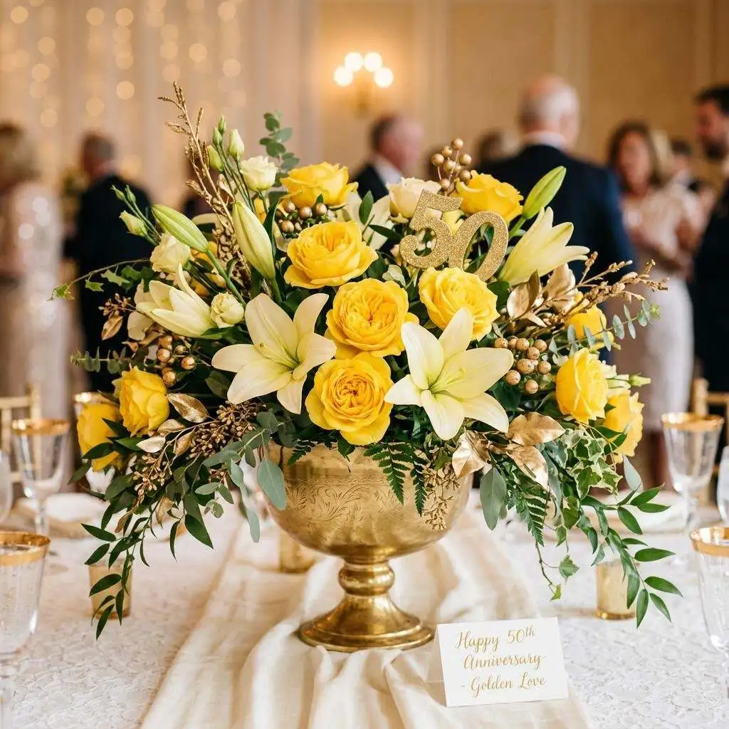 Golden anniversary arrangement with yellow roses and cream lilies