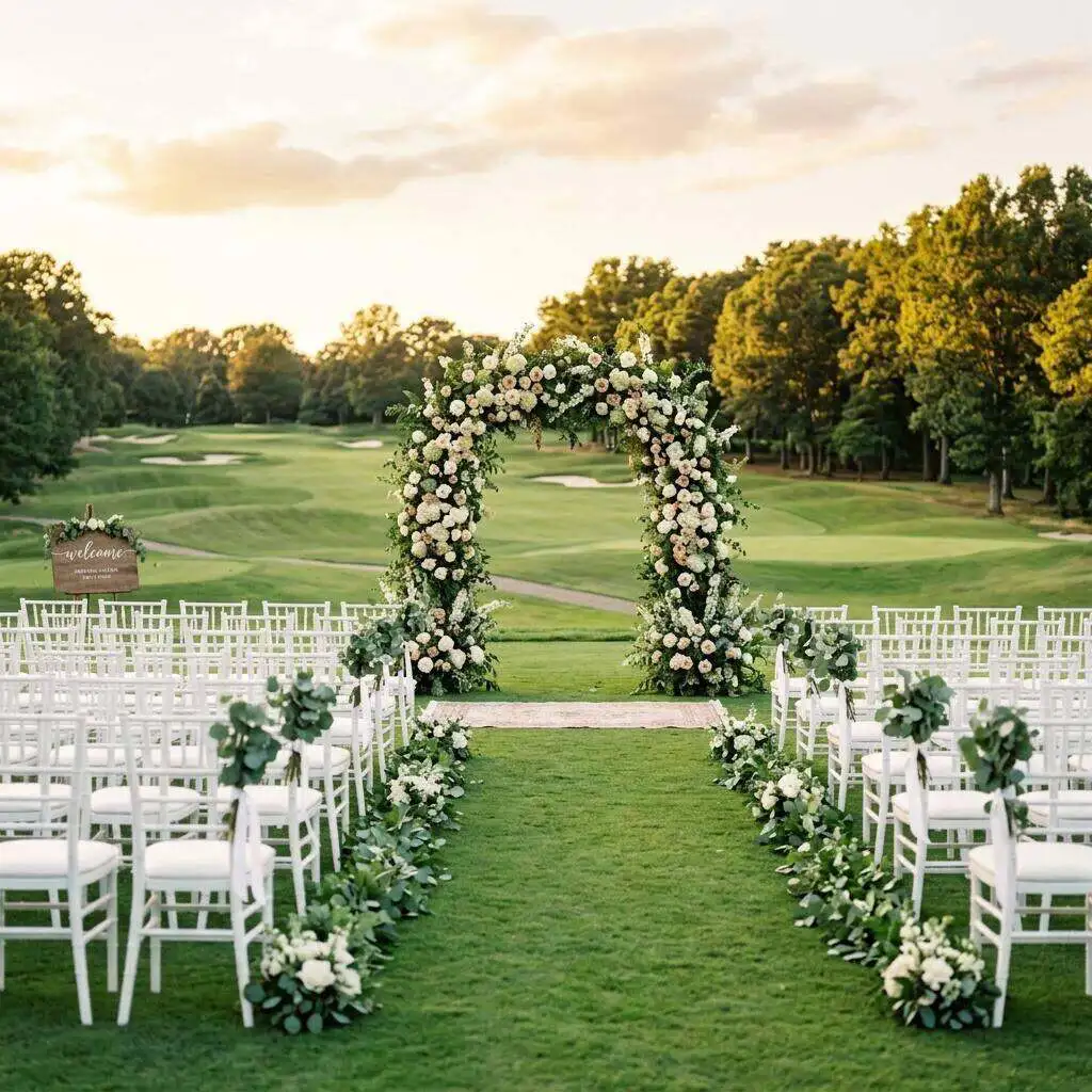 An elegant wedding reception table set against a green golf-course backdrop