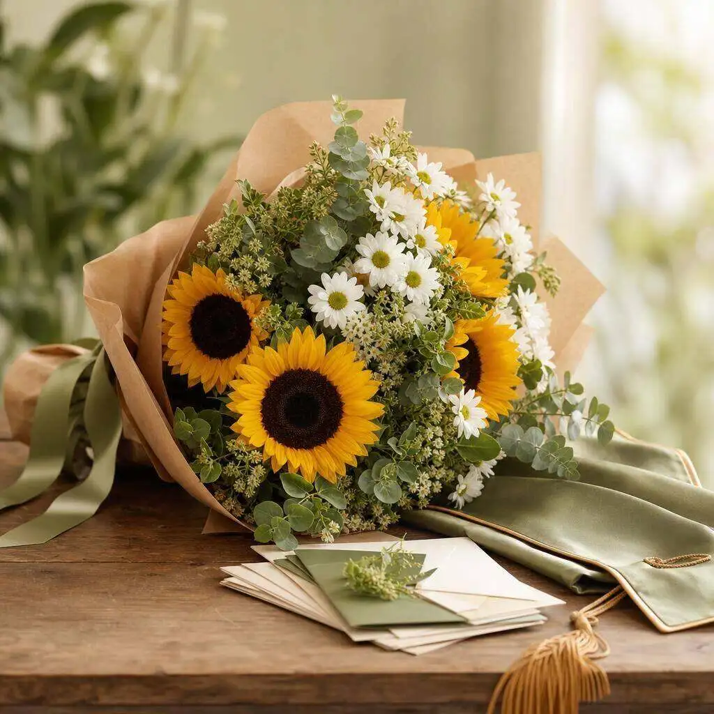 Graduation celebration flowers with bright blooms beside a diploma and cap