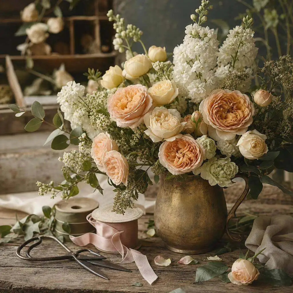 Vintage-toned still life of garden roses beside worn florist shears
