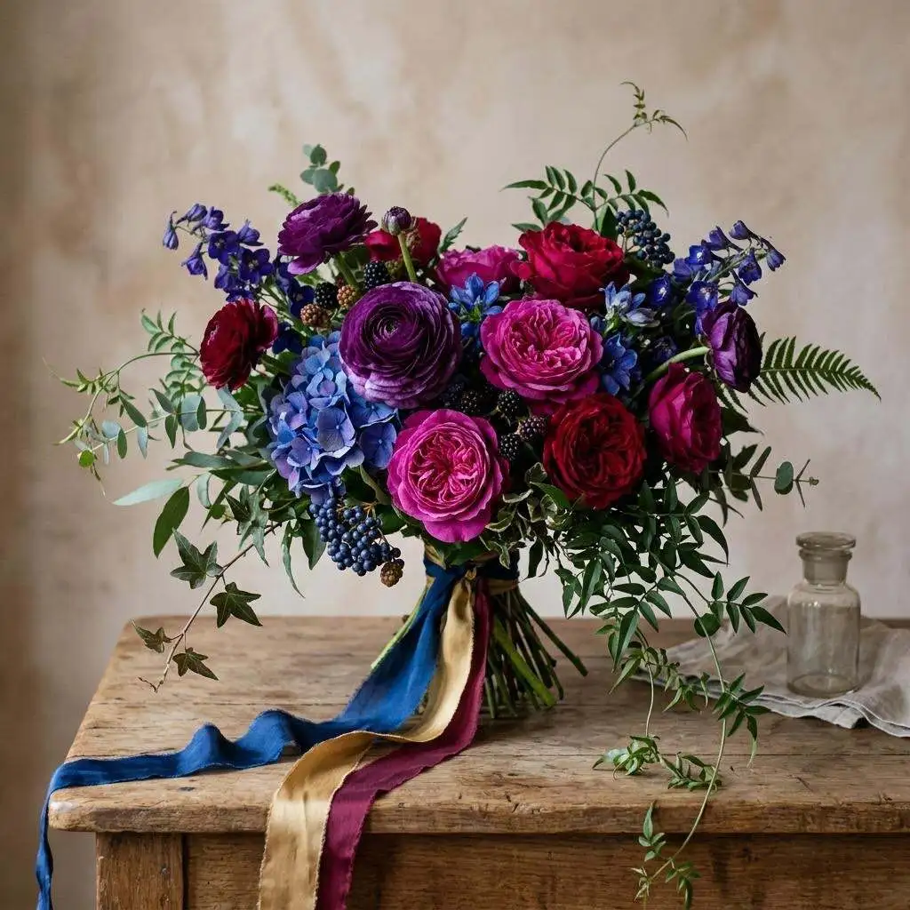 Luxury wedding bouquet with deep purple, magenta, and sapphire blooms