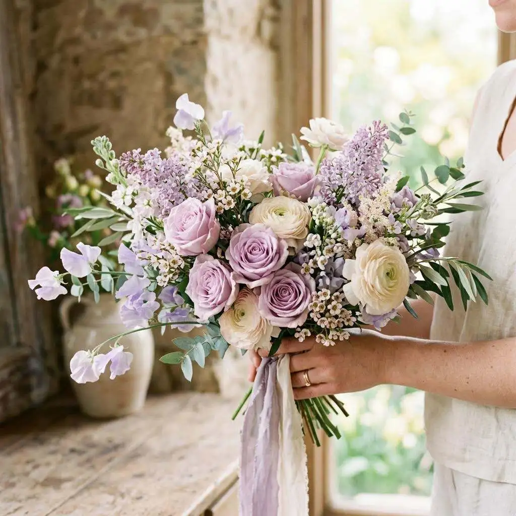 Lavender spring bouquet with lilac roses and soft pastel blooms