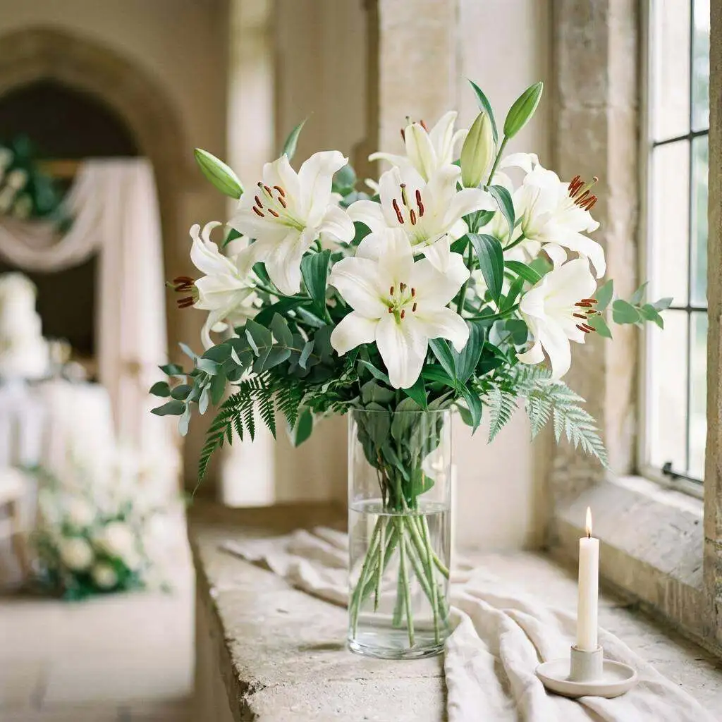 White lilies photographed against a quiet neutral backdrop