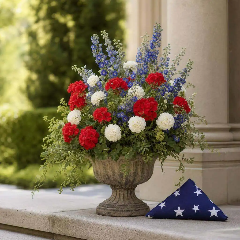 Red-white-and-blue Memorial Day arrangement beside a small flag at a graveside
