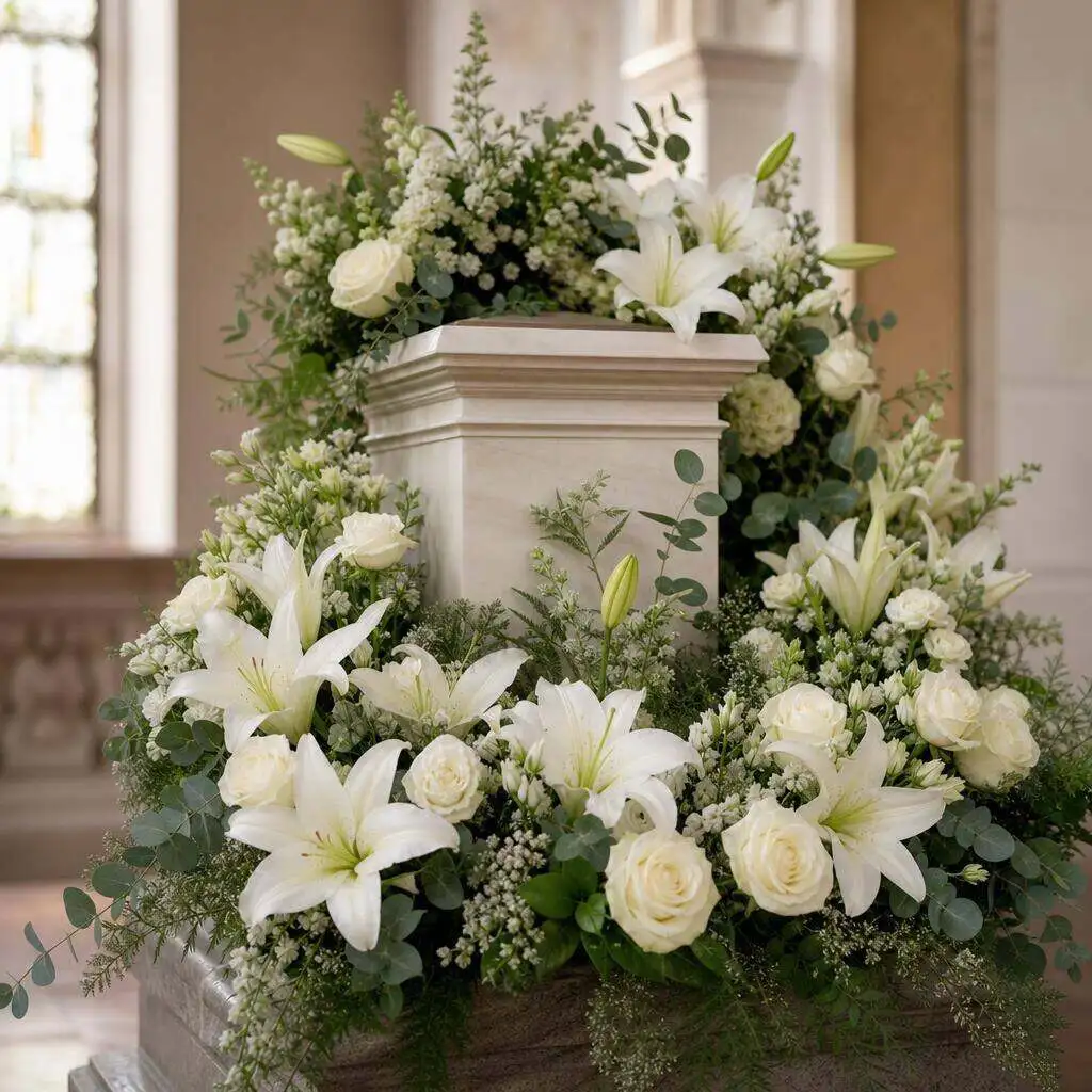 A personalized memorial arrangement built around a loved one's favorite colors and garden flowers