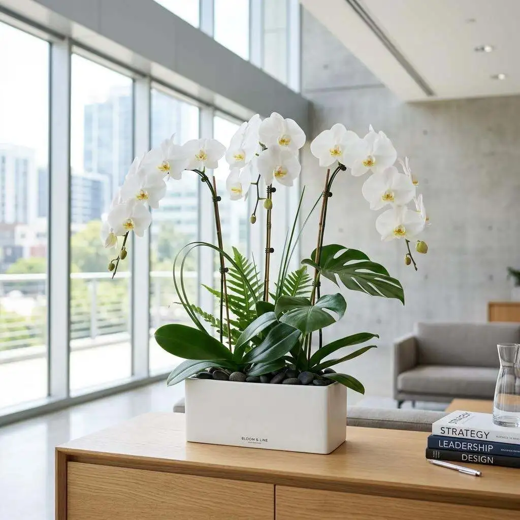 Modern monochrome orchid arrangement with white and green sculptural blooms