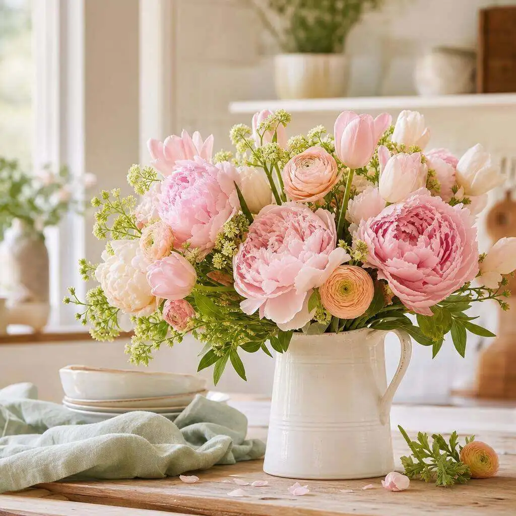 Feminine arrangement of soft roses and delicate blooms