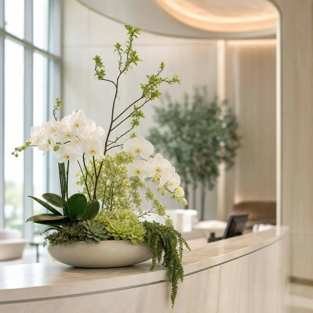 Fresh floral arrangement on a corporate reception desk
