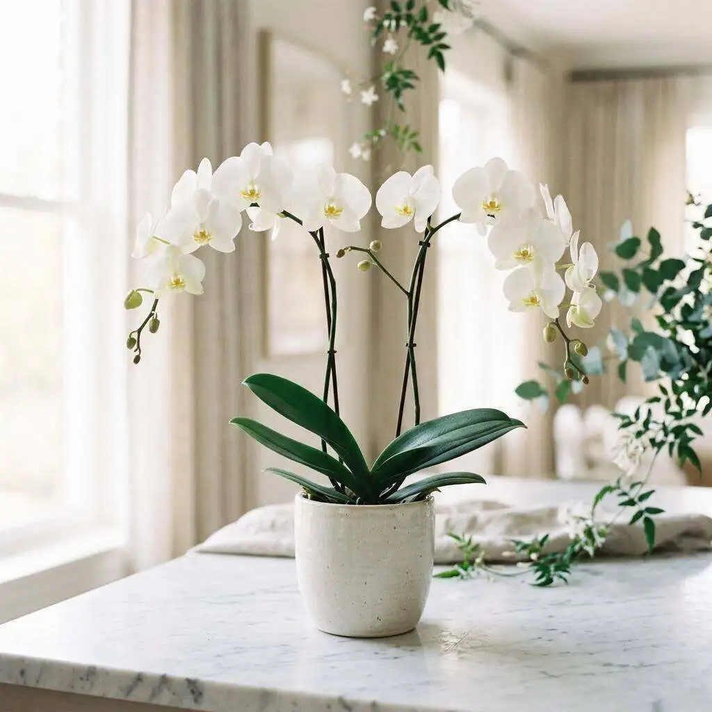 Refined white orchid stems against a soft neutral background