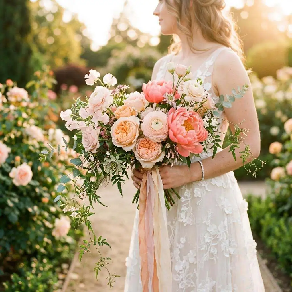 Romantic peach garden roses with coral and blush blooms