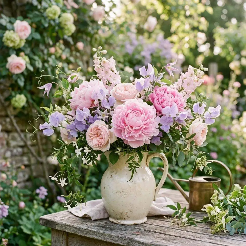 Lush cottage garden arrangement with pink peonies, blush roses, and lavender sweet peas