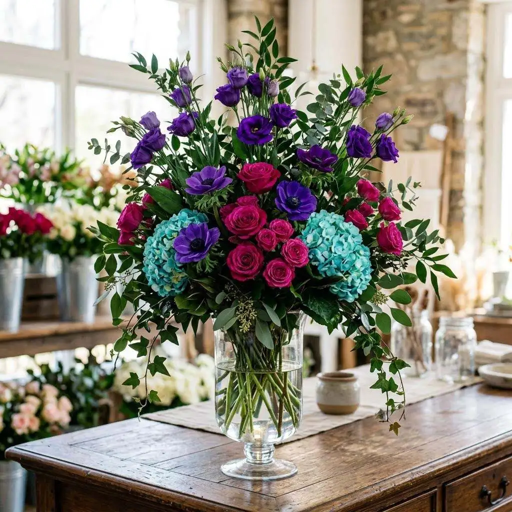 Striking centerpiece with purple lisianthus, violet anemones, fuchsia roses, and turquoise hydrangea