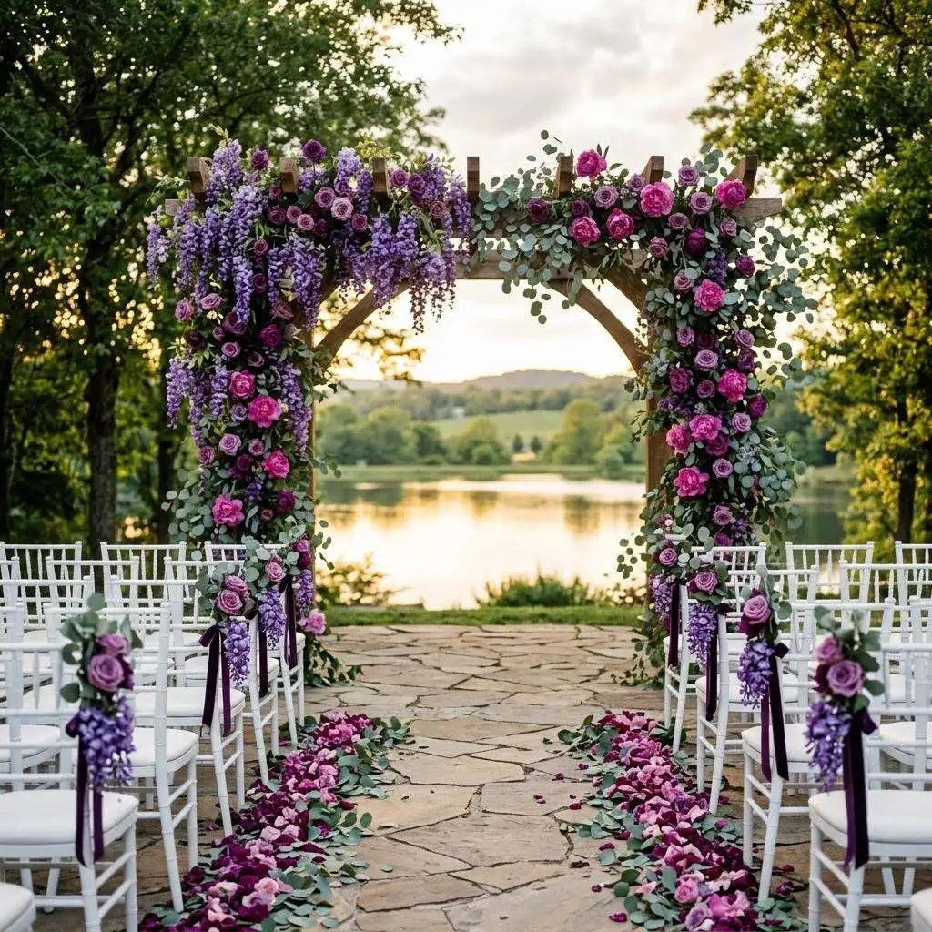 Romantic outdoor ceremony arch with cascading purple wisteria and magenta peonies