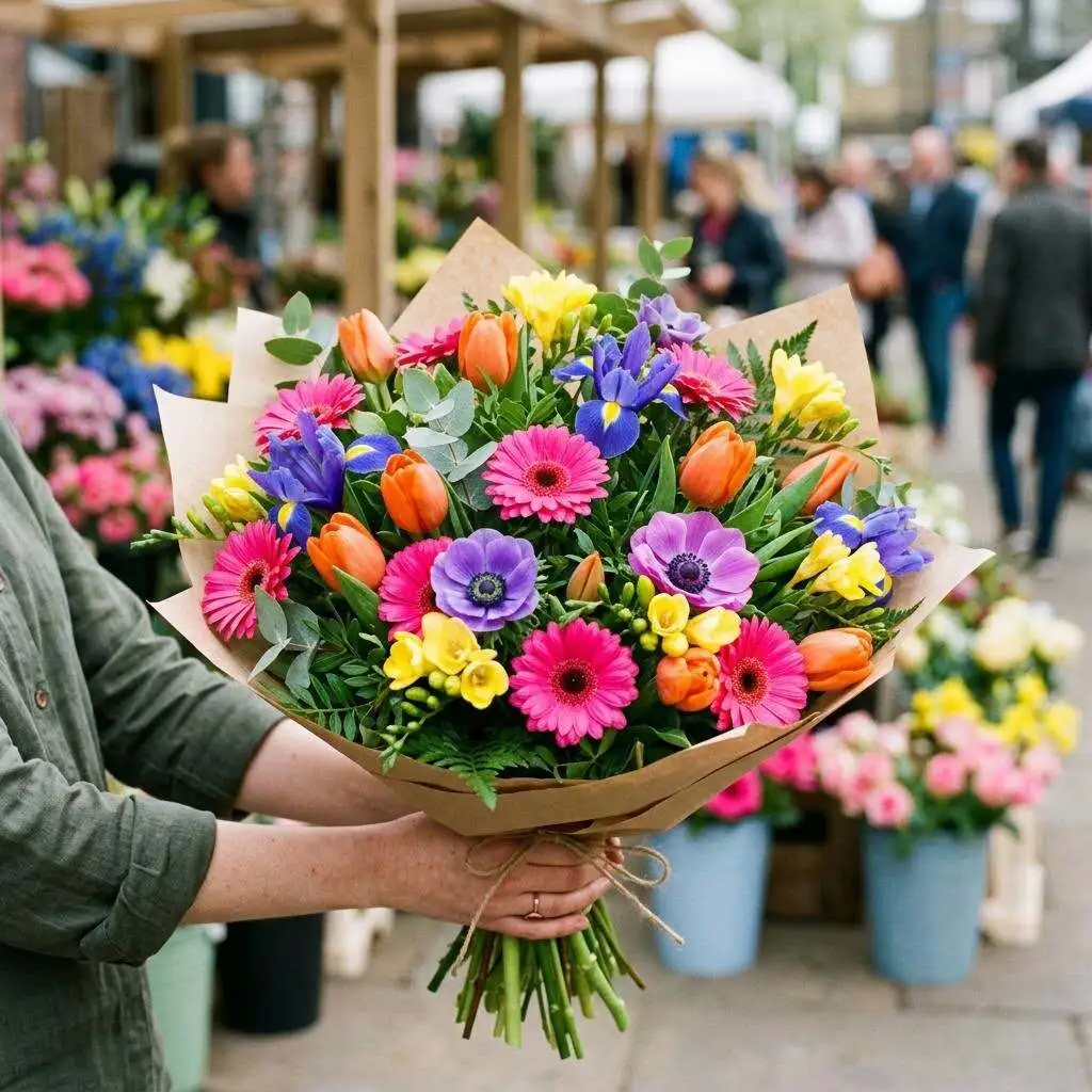 Vibrant rainbow market bouquet with hot pink gerberas, orange tulips, blue irises, and yellow freesia