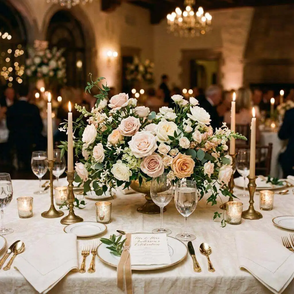 A lush low centerpiece running along an intimate farmhouse wedding table