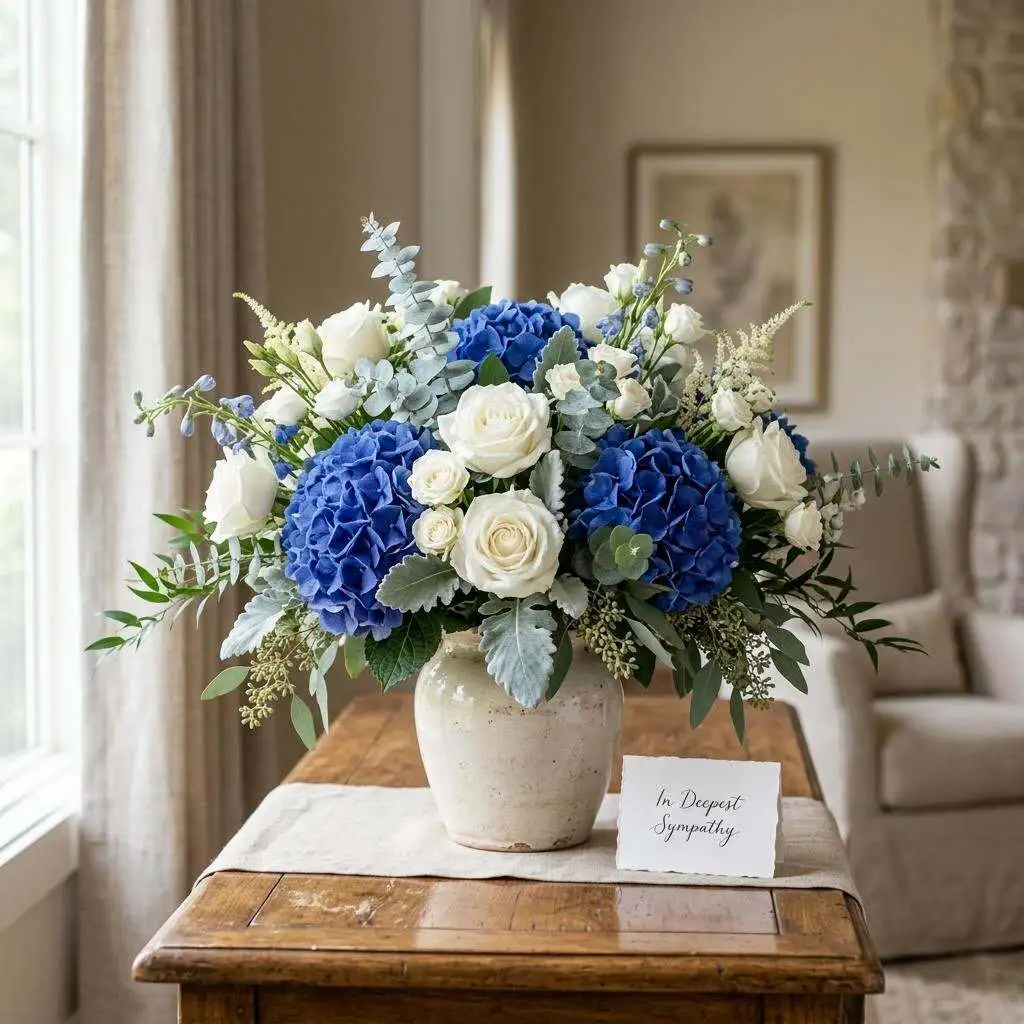 Elegant sapphire blue hydrangea arrangement with white roses