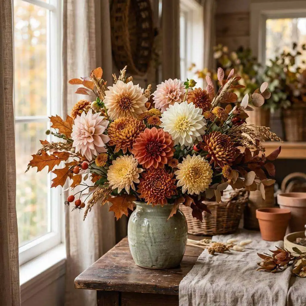 A warm autumn arrangement of dahlias, chrysanthemums, and dried grasses in rich tones