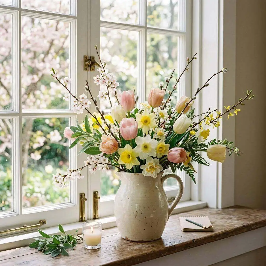 A soft spring arrangement of tulips, ranunculus, and hyacinth in pastel tones