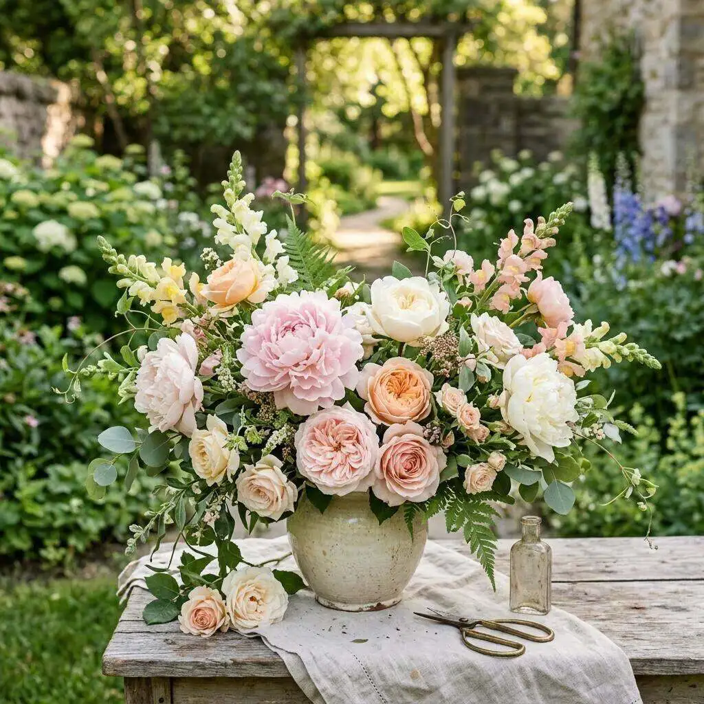A lush summer centerpiece of hydrangea, garden roses, and delphinium
