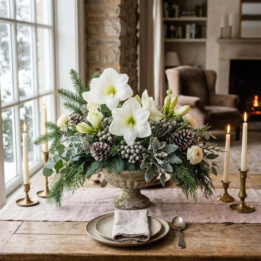 An elegant winter arrangement of amaryllis, white roses, evergreen, and red berries