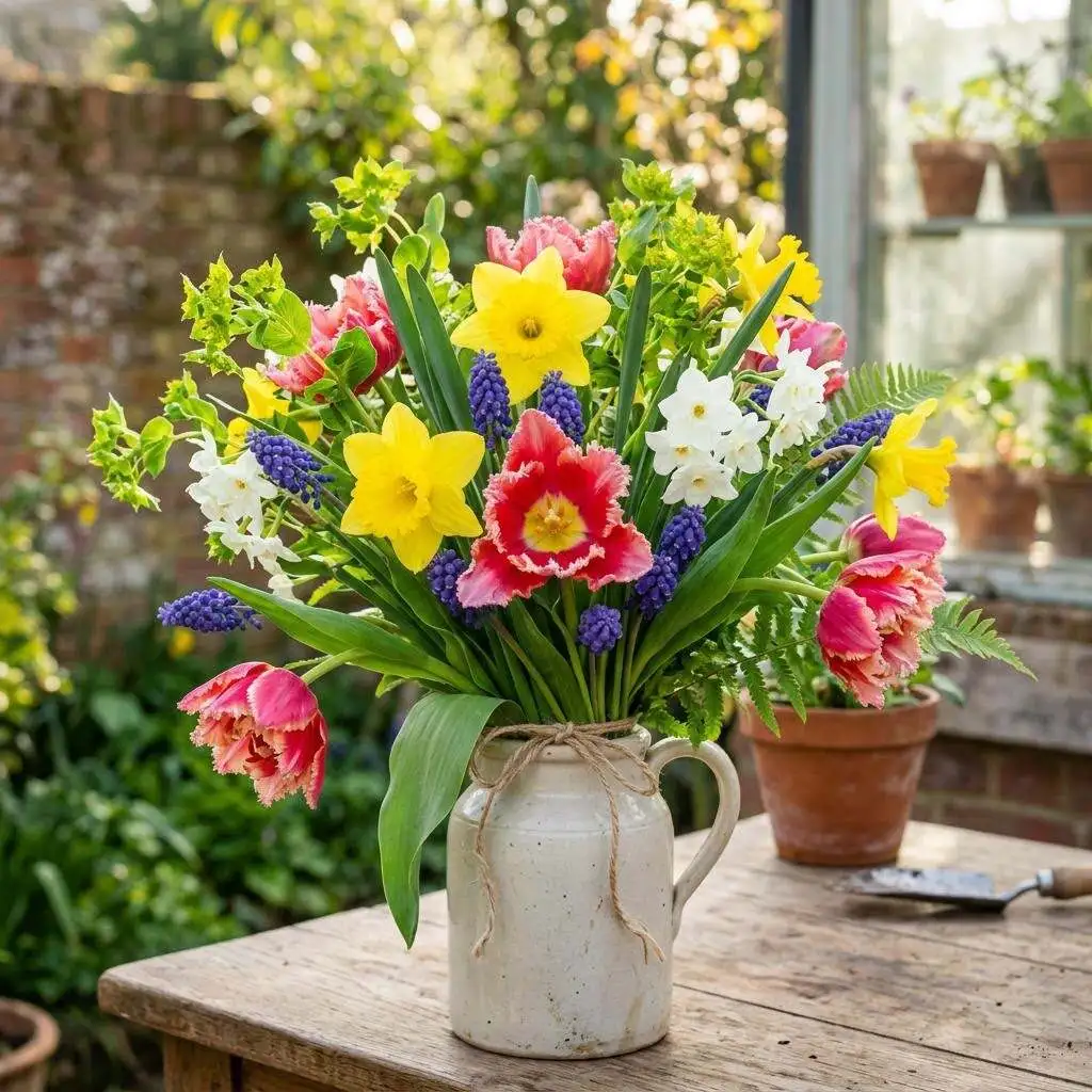 Exuberant spring bouquet with yellow daffodils, pink parrot tulips, and purple muscari
