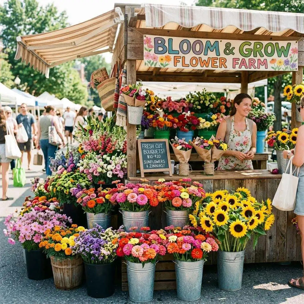 Abundant summer flower market stand overflowing with colorful zinnias and sunflowers