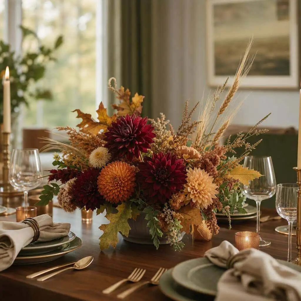A low, long fall centerpiece running down a crowded Thanksgiving dining table