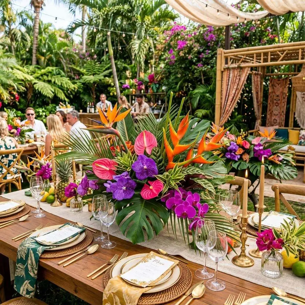 Lush tropical table arrangement with bird of paradise, pink anthuriums, and purple orchids