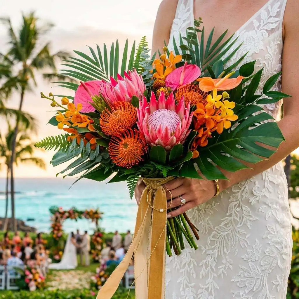 Modern tropical bouquet with bright pink protea and orange accents