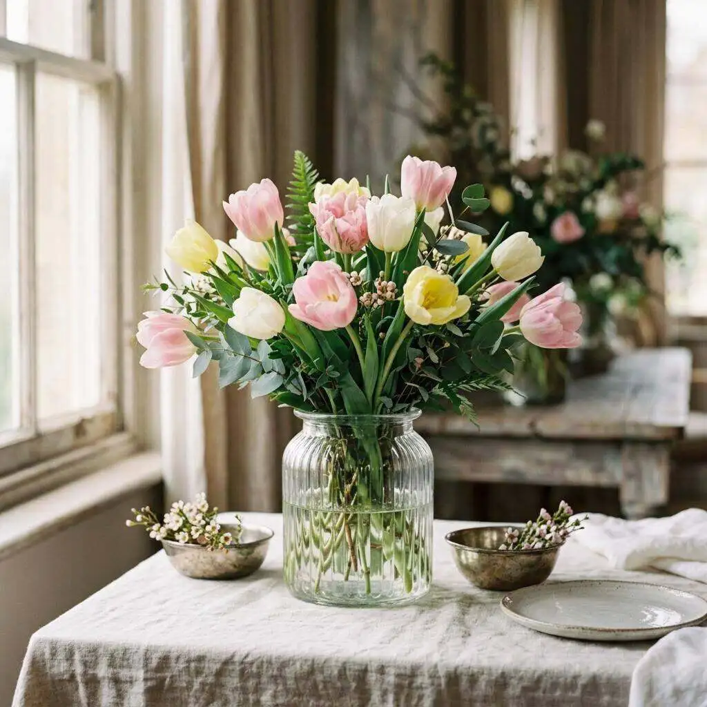 Bright tulips and forced flowering branches brightening a windowsill against winter snow